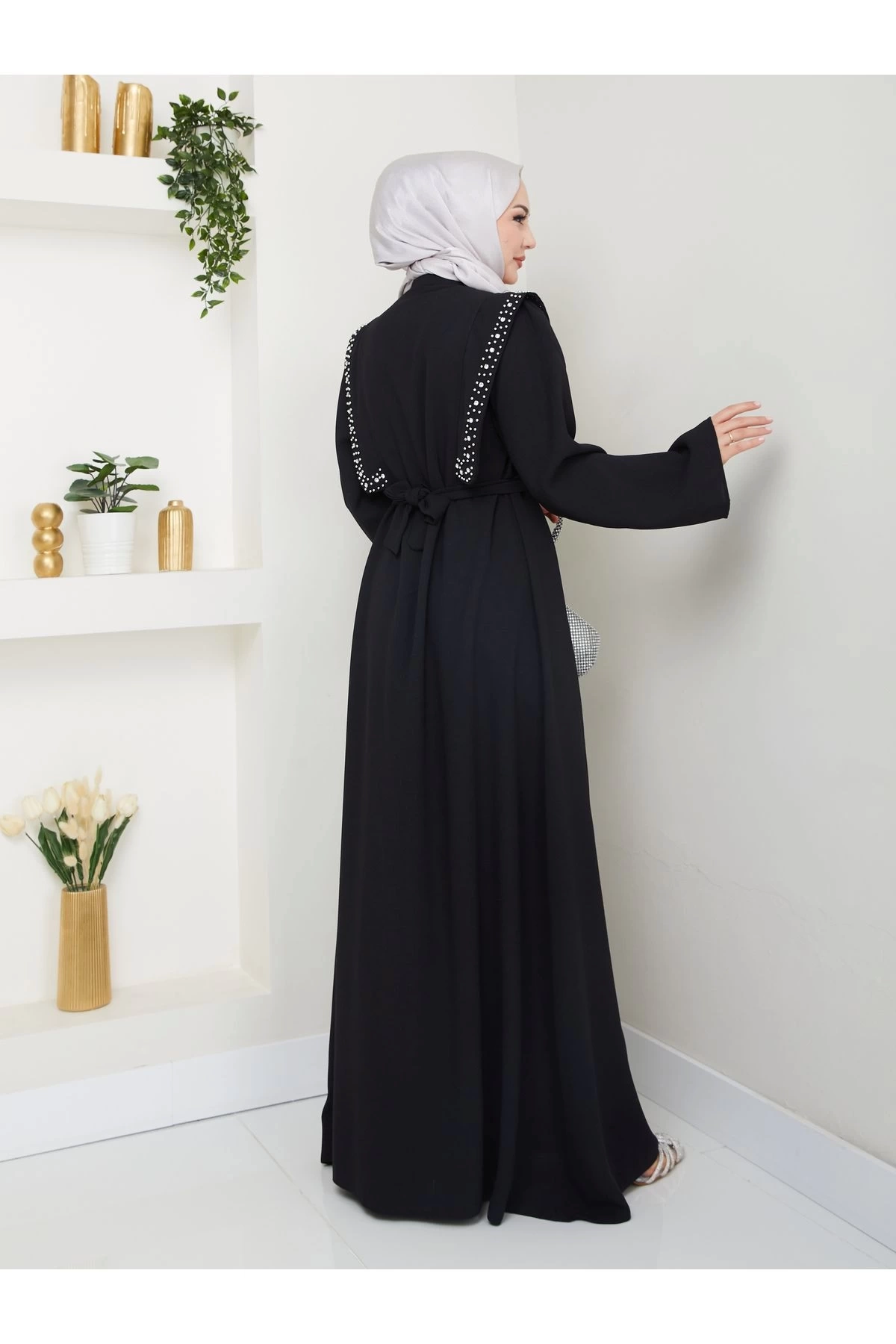 Taşli Abaya Tesettür Giyim Kadin Ferace Elbise Siyah