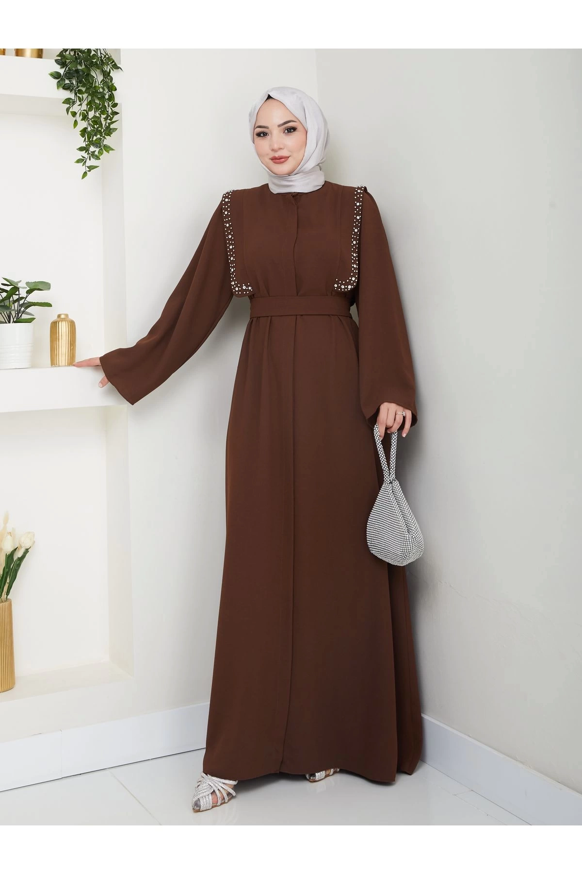 Taşli Abaya Tesettür Giyim Kadin Ferace Elbise Siyah