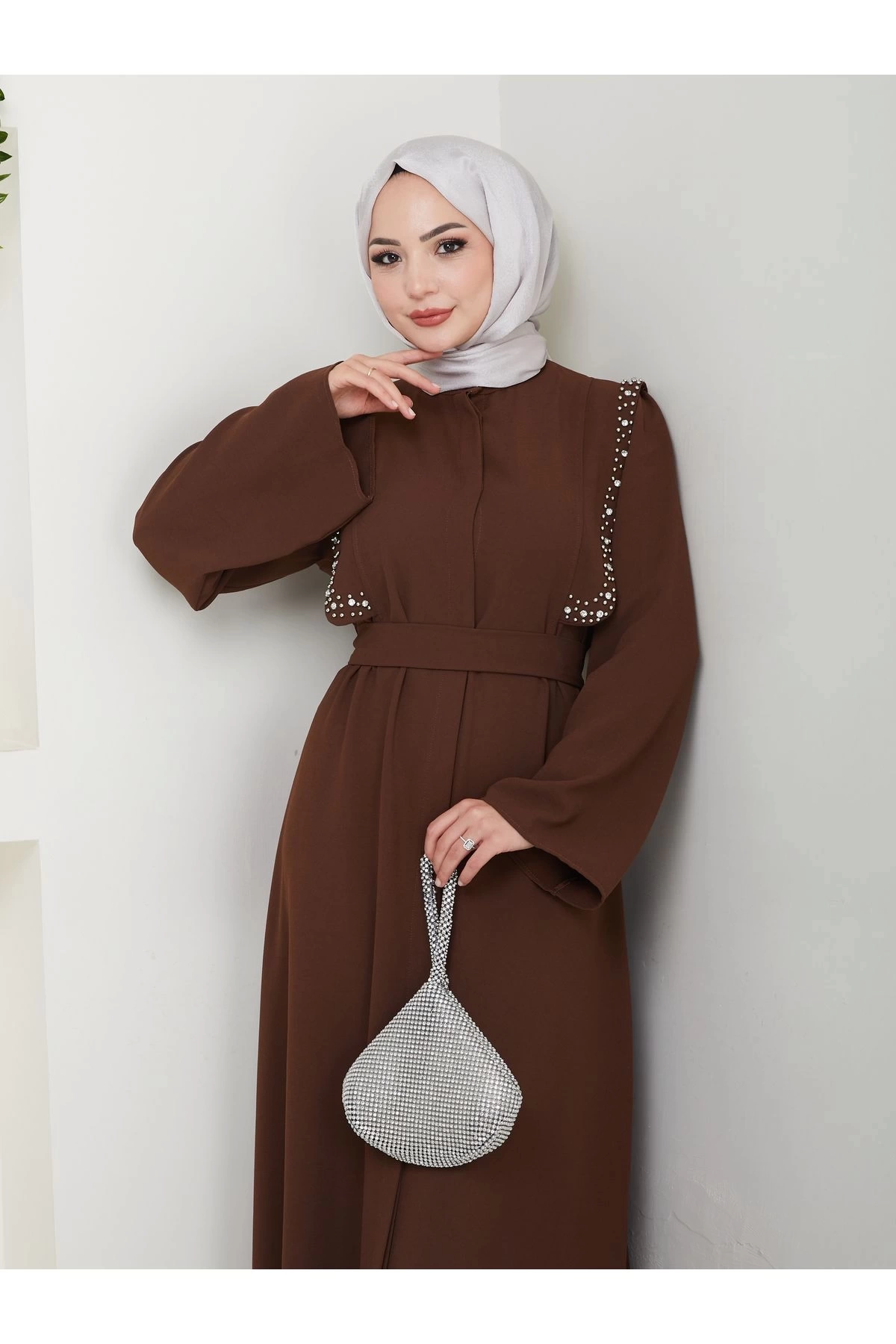 Taşli Abaya Tesettür Giyim Kadin Ferace Elbise Siyah