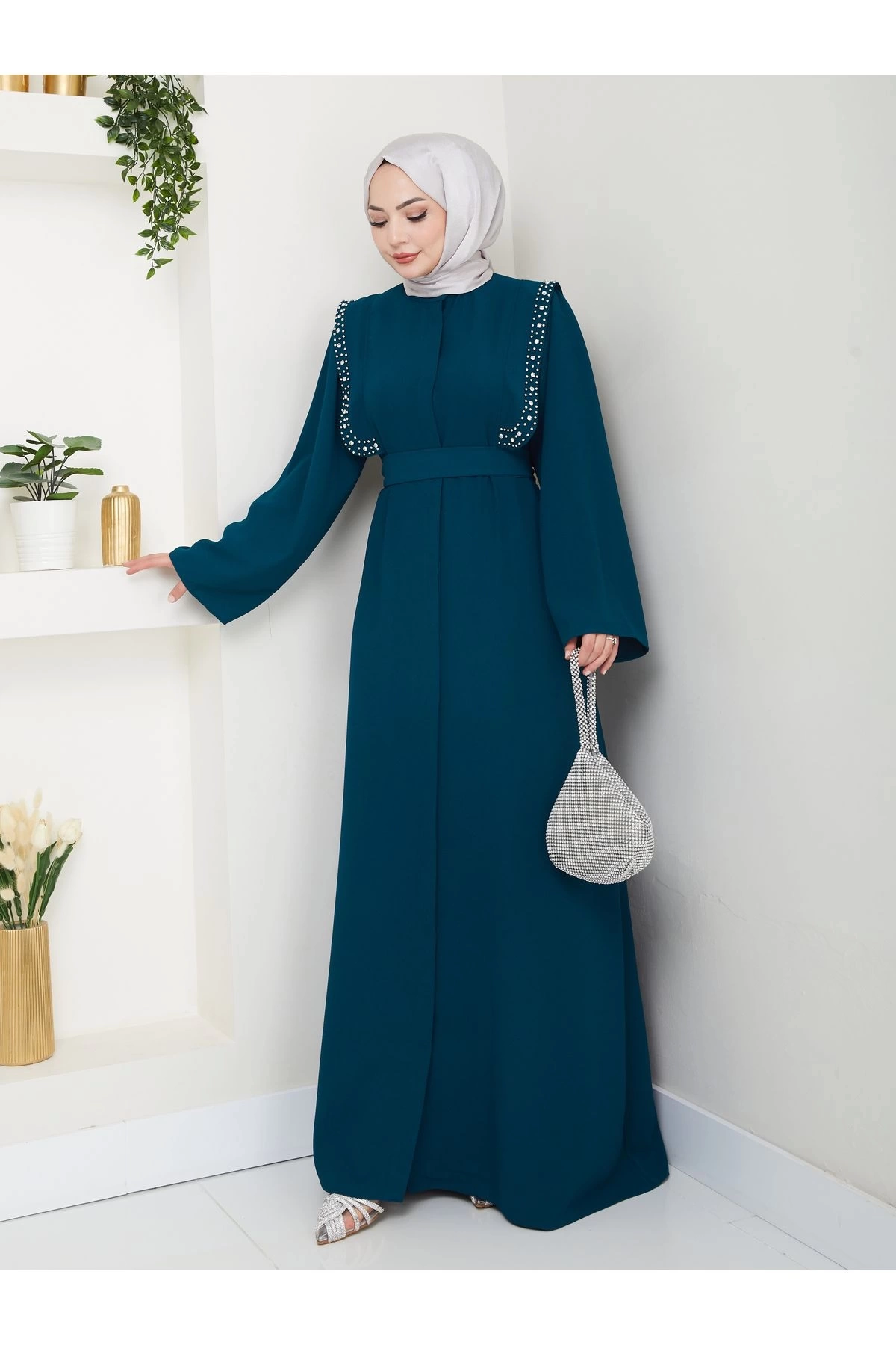 Taşli Abaya Tesettür Giyim Kadin Ferace Elbise Siyah
