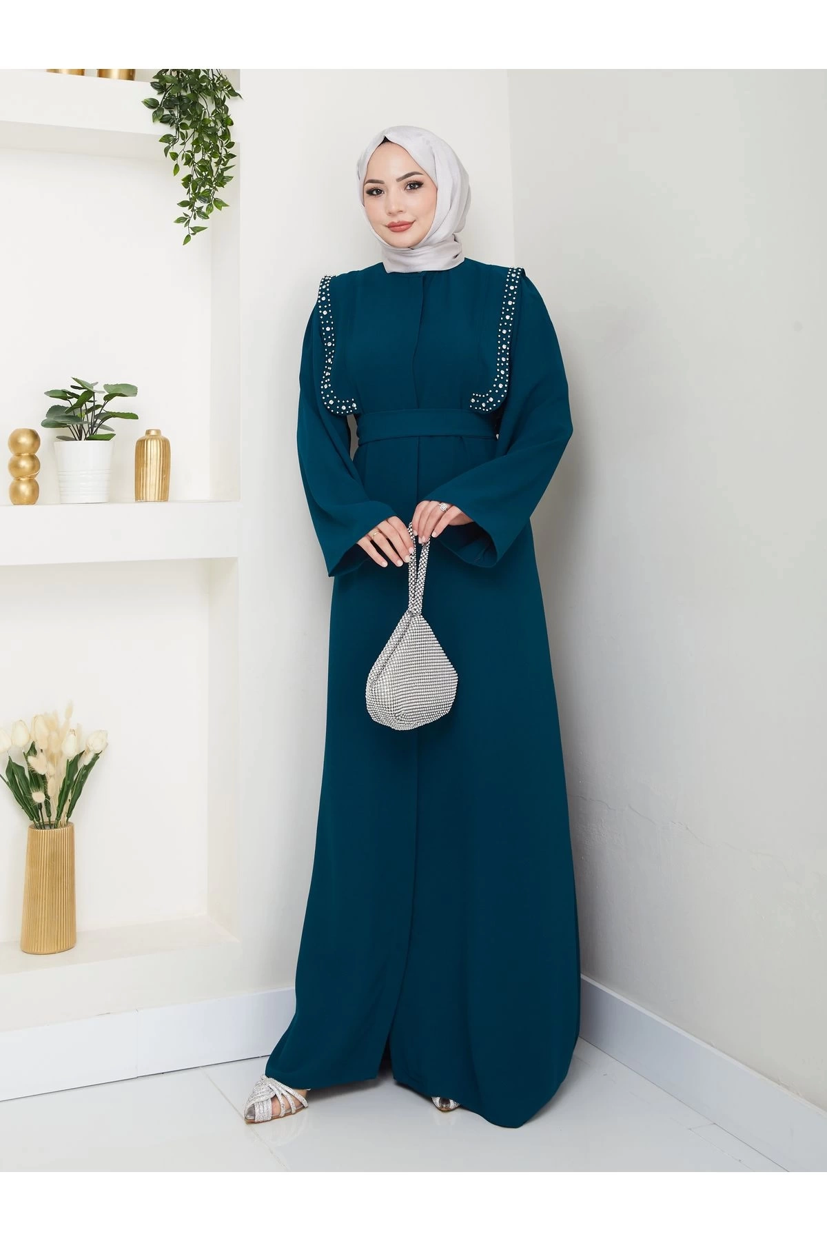 Taşli Abaya Tesettür Giyim Kadin Ferace Elbise Siyah