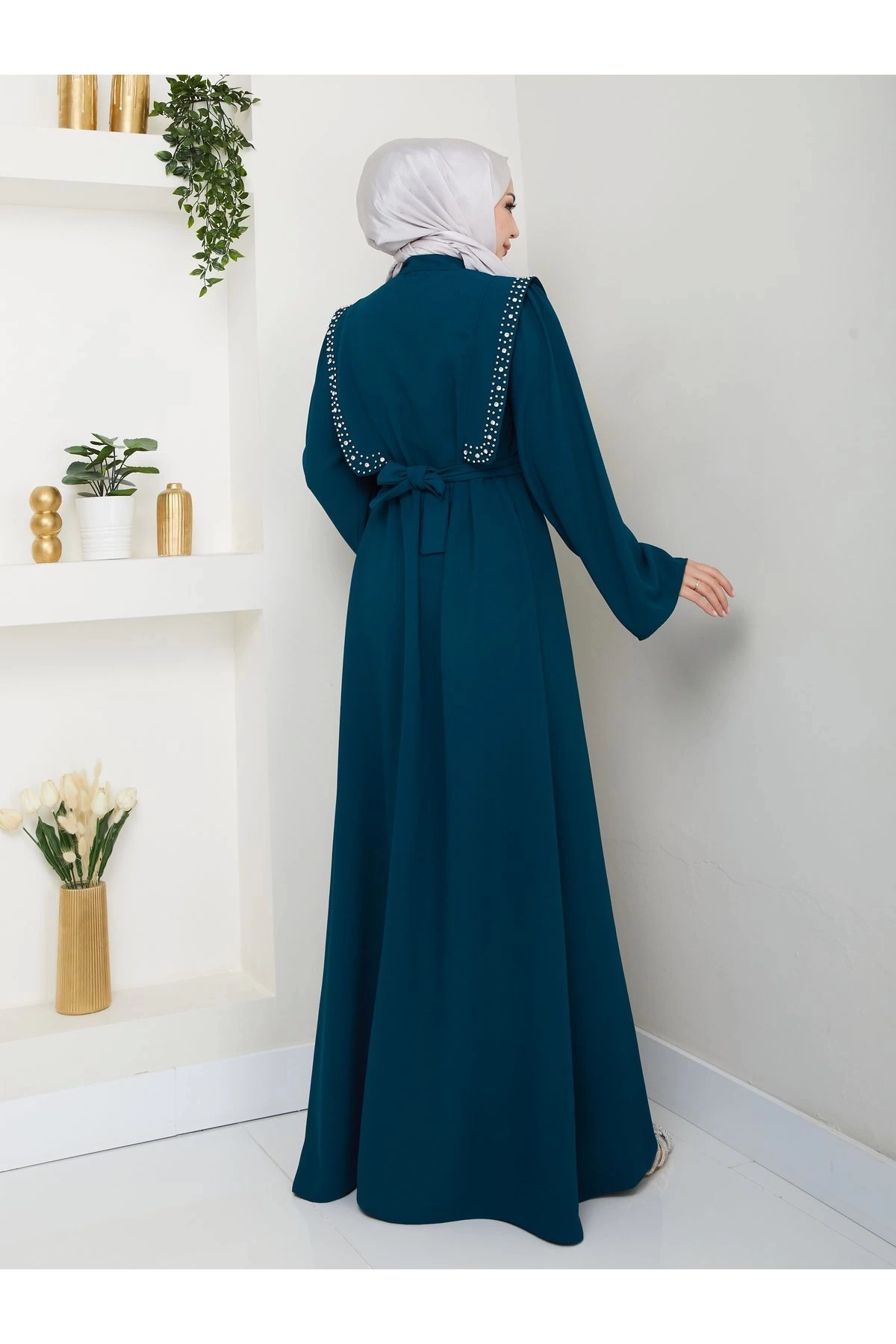 Taşli Abaya Tesettür Giyim Kadin Ferace Elbise Siyah