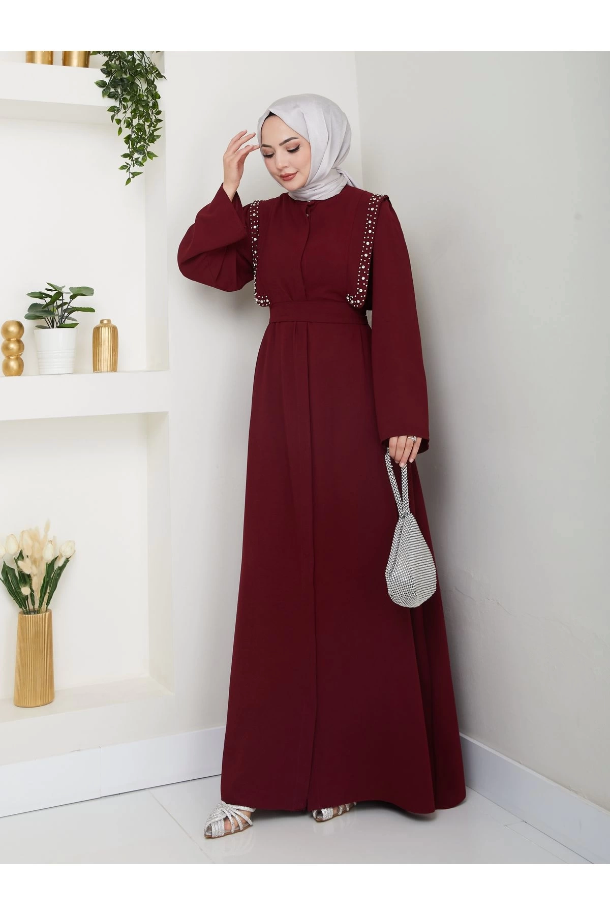 Taşli Abaya Tesettür Giyim Kadin Ferace Elbise Siyah
