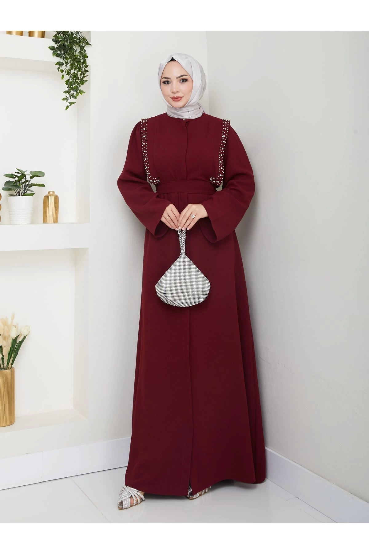 Taşli Abaya Tesettür Giyim Kadin Ferace Elbise Siyah