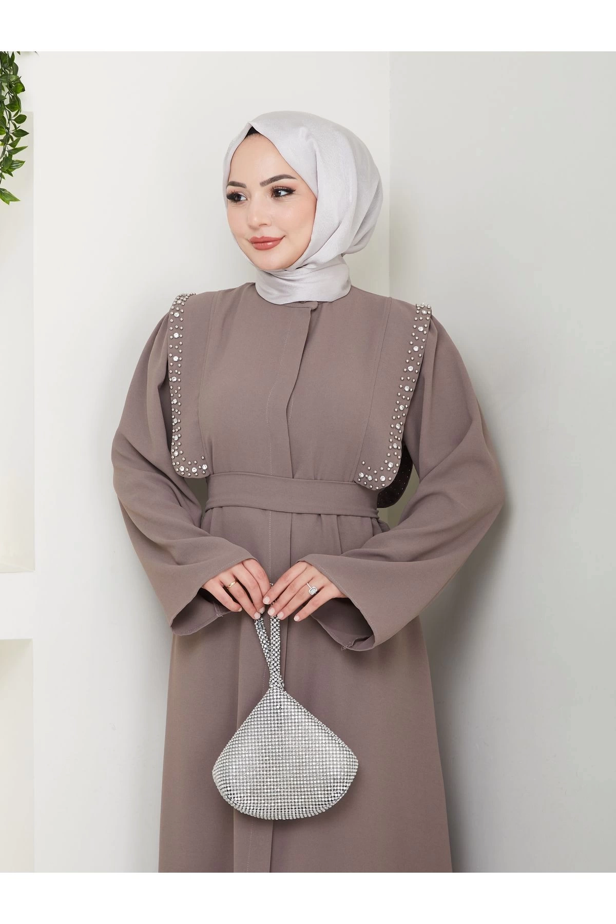 Taşli Abaya Tesettür Giyim Kadin Ferace Elbise Siyah