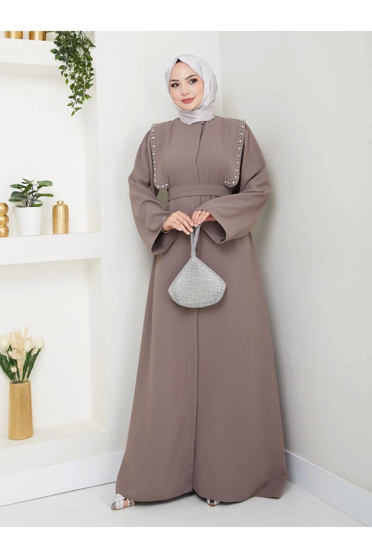 Taşli Abaya Tesettür Giyim Kadin Ferace Elbise Siyah