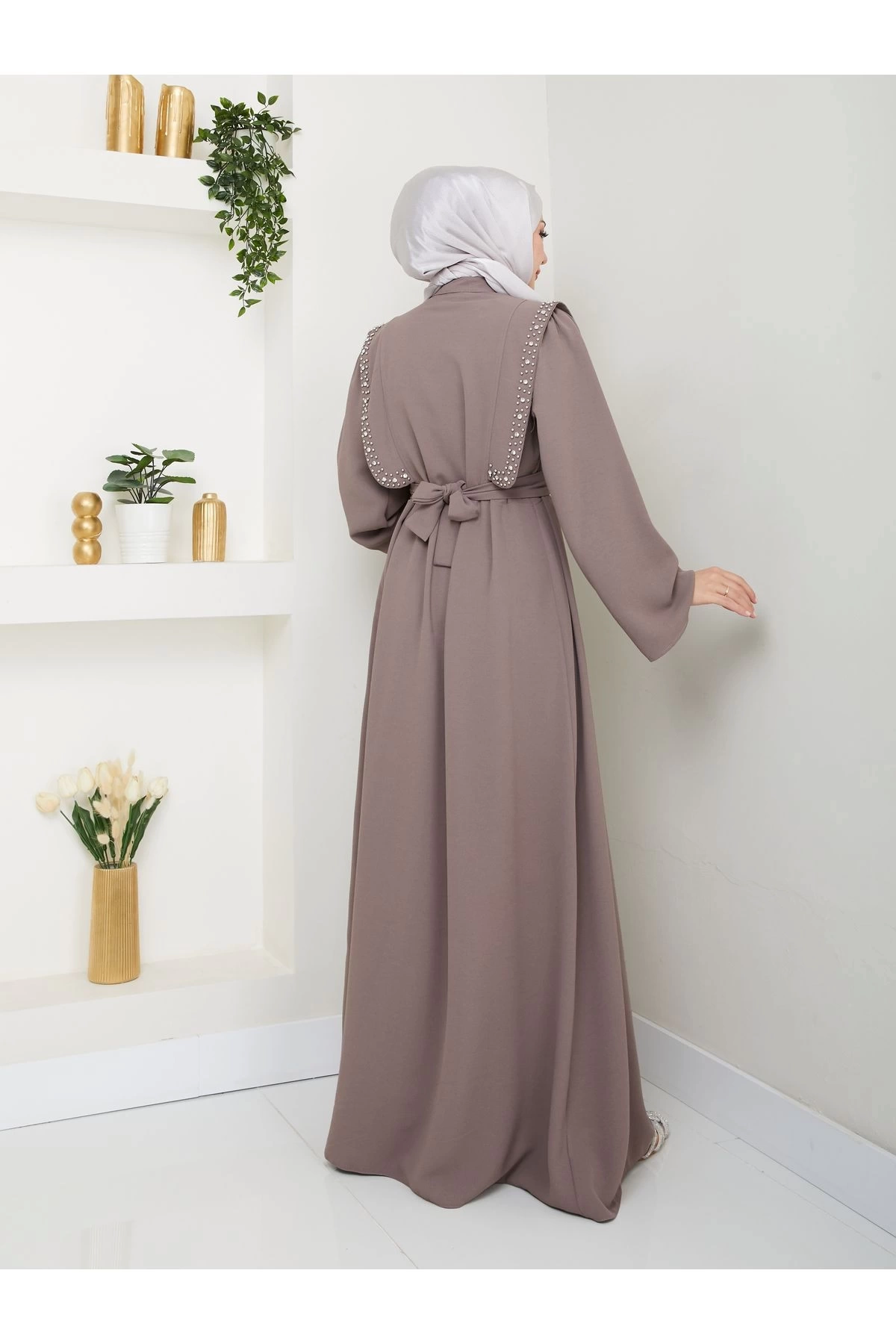 Taşli Abaya Tesettür Giyim Kadin Ferace Elbise Siyah