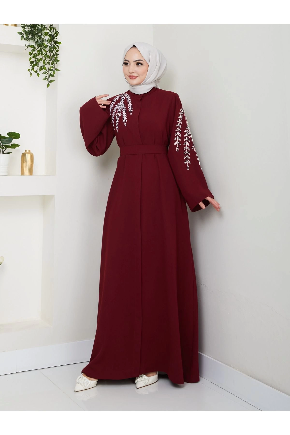 Taşli Abaya Tesettür Gıyım Kadın Ferace Elbıse Bordo