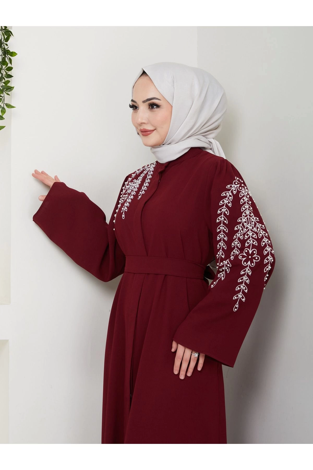 Taşli Abaya Tesettür Gıyım Kadın Ferace Elbıse Bordo