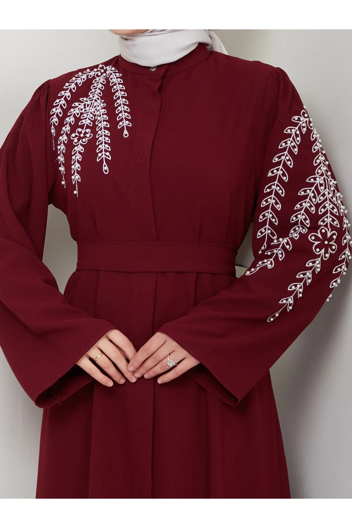 Taşli Abaya Tesettür Gıyım Kadın Ferace Elbıse Bordo
