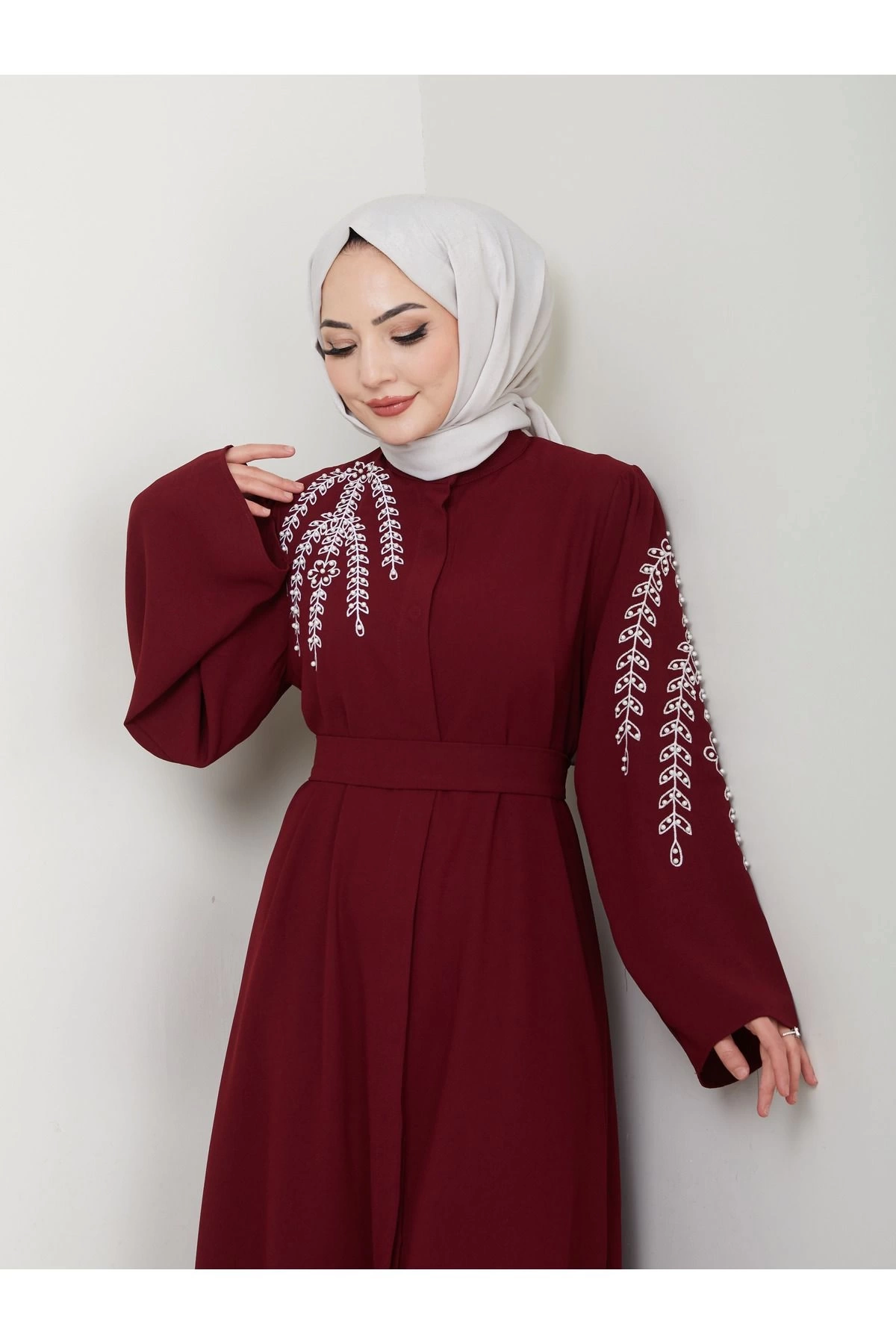 Taşli Abaya Tesettür Gıyım Kadın Ferace Elbıse Bordo