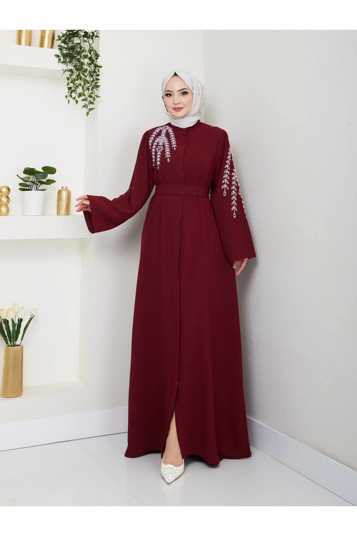 Taşli Abaya Tesettür Gıyım Kadın Ferace Elbıse Bordo