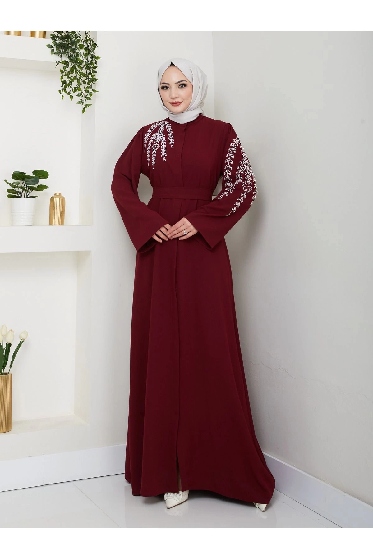 Taşli Abaya Tesettür Gıyım Kadın Ferace Elbıse Bordo