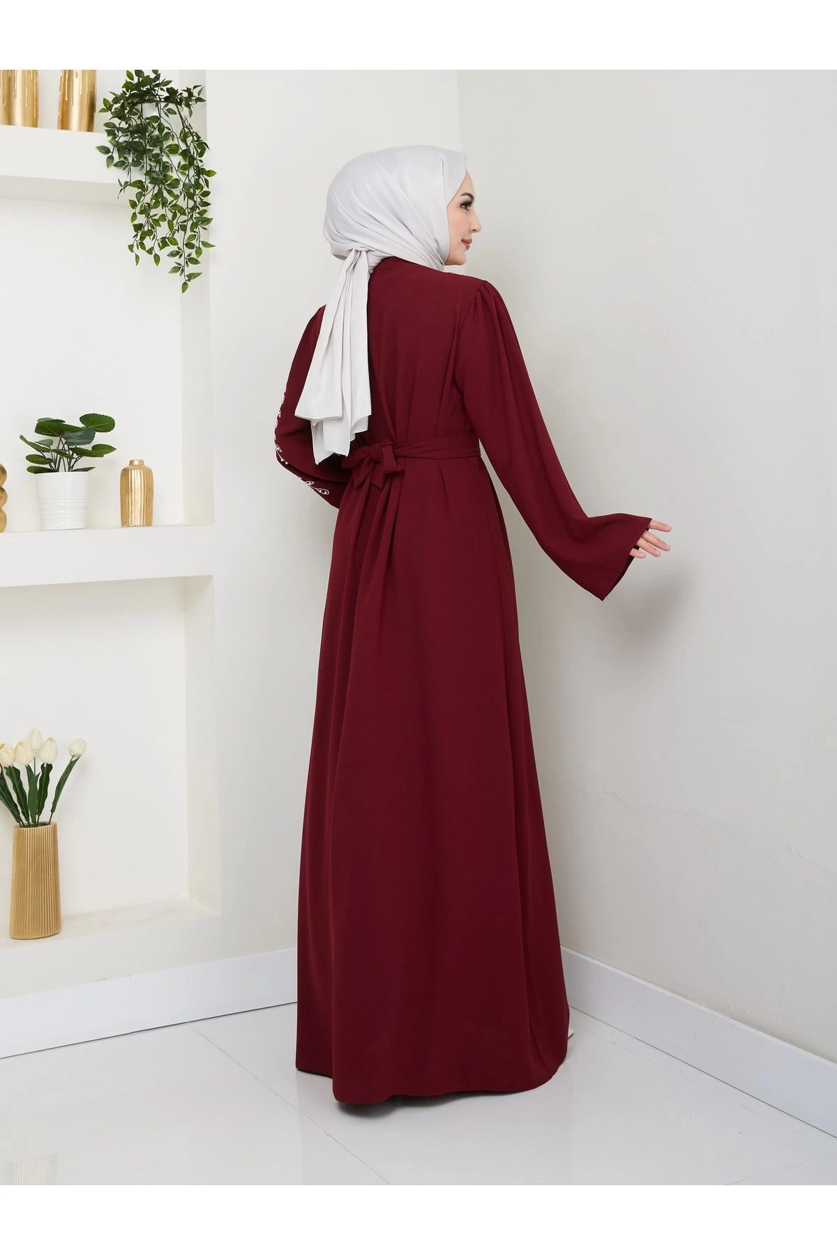Taşli Abaya Tesettür Gıyım Kadın Ferace Elbıse Bordo
