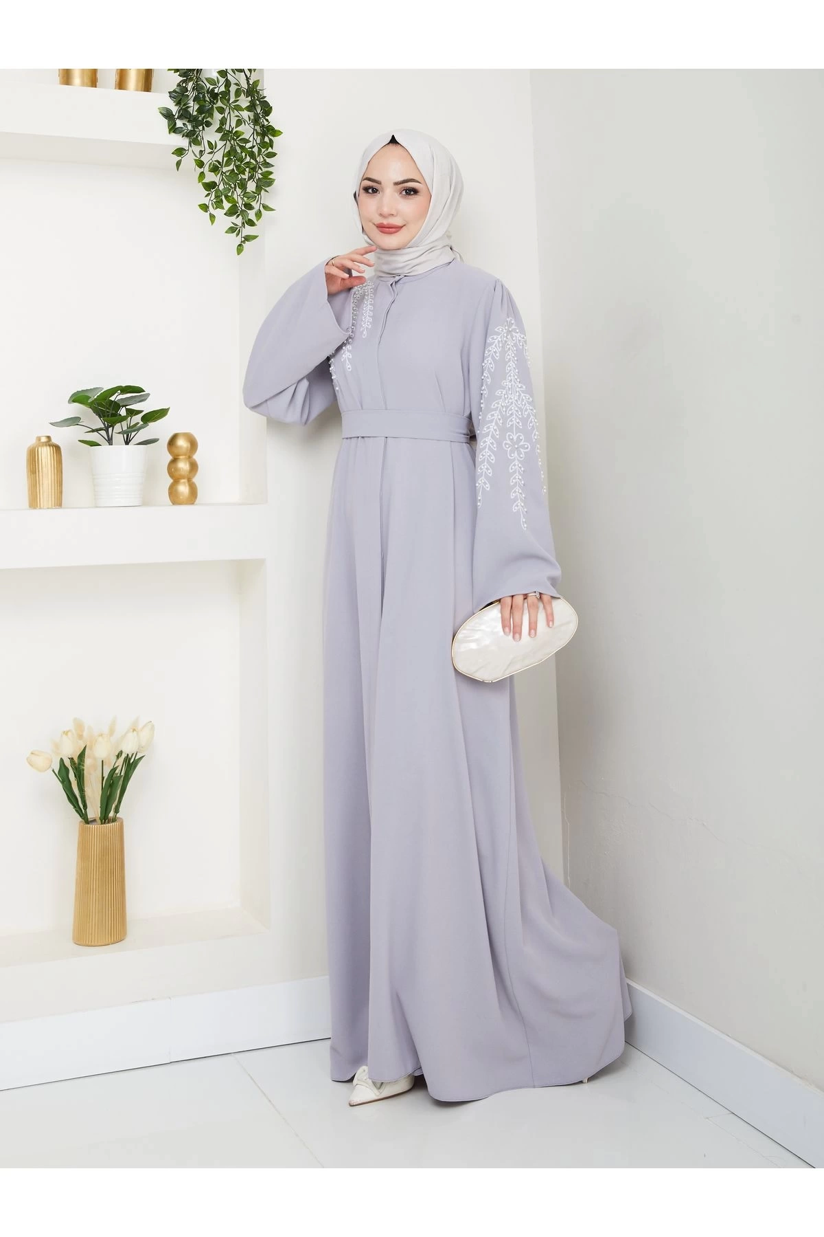 TAŞLİ ABAYA TESETTÜR GIYIM KADIN FERACE ELBISE GRİ