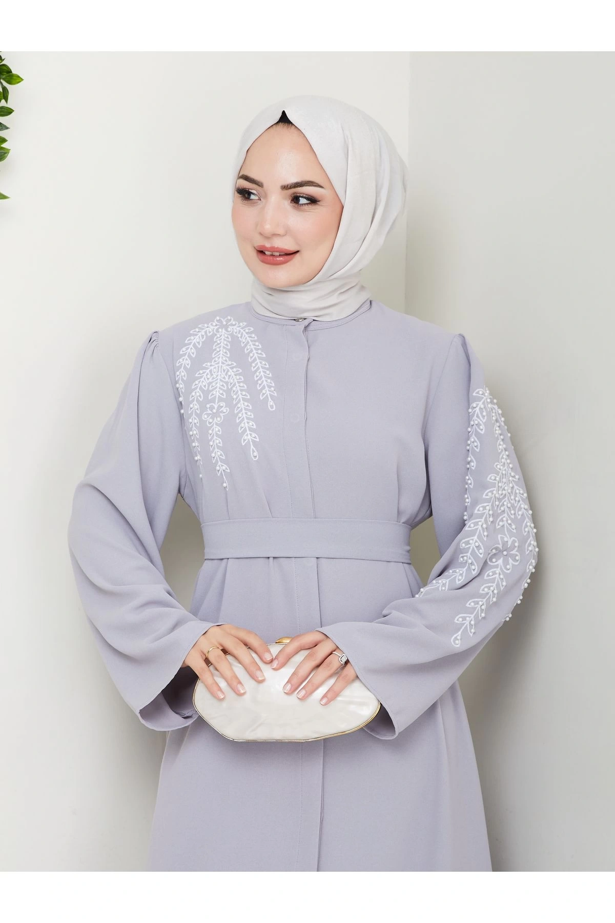 TAŞLİ ABAYA TESETTÜR GIYIM KADIN FERACE ELBISE GRİ