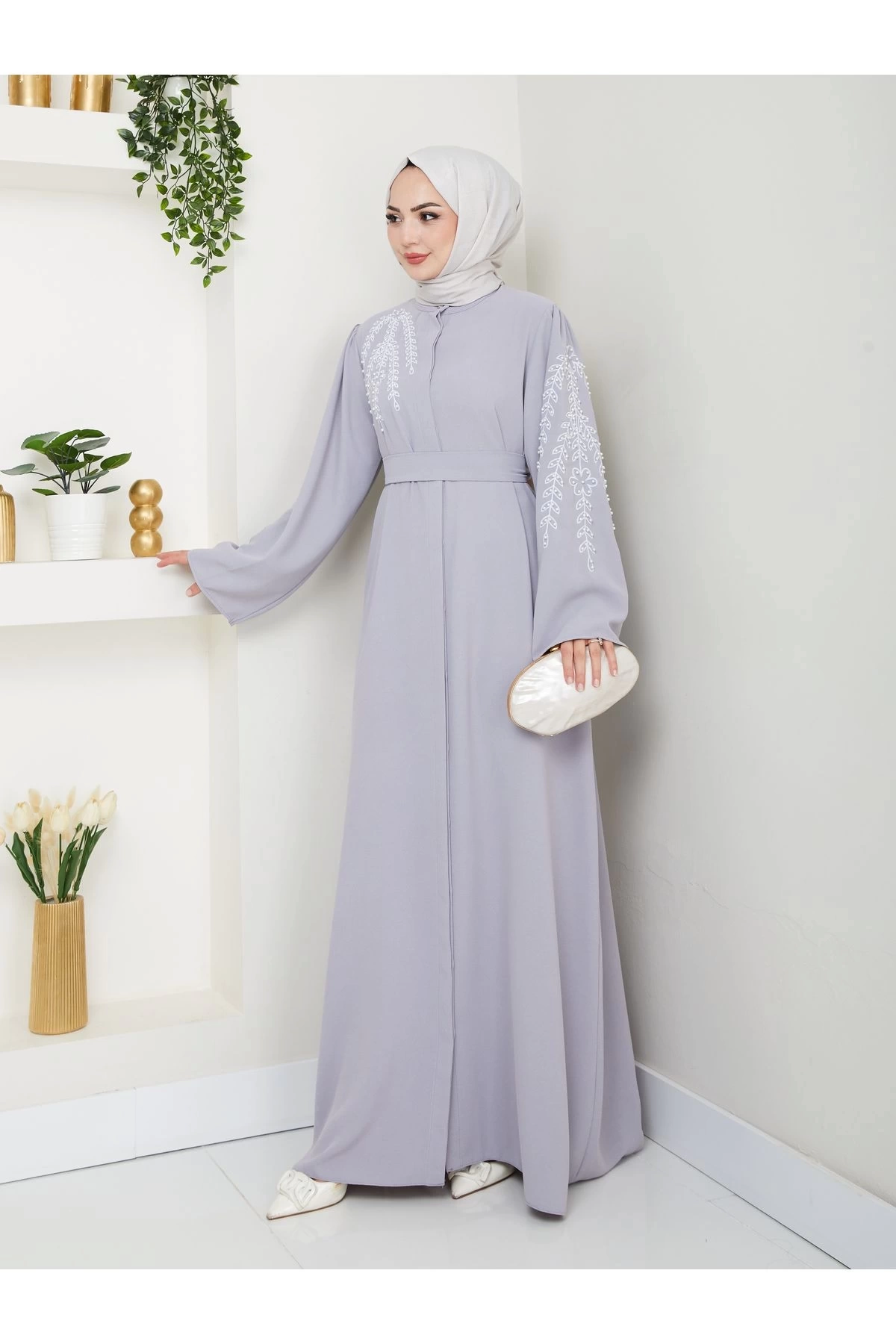 TAŞLİ ABAYA TESETTÜR GIYIM KADIN FERACE ELBISE GRİ