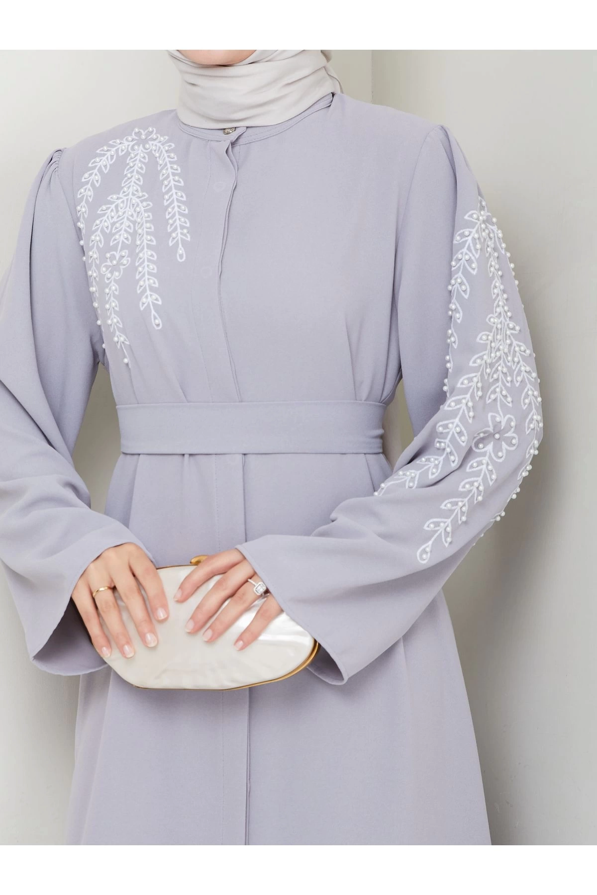 TAŞLİ ABAYA TESETTÜR GIYIM KADIN FERACE ELBISE GRİ