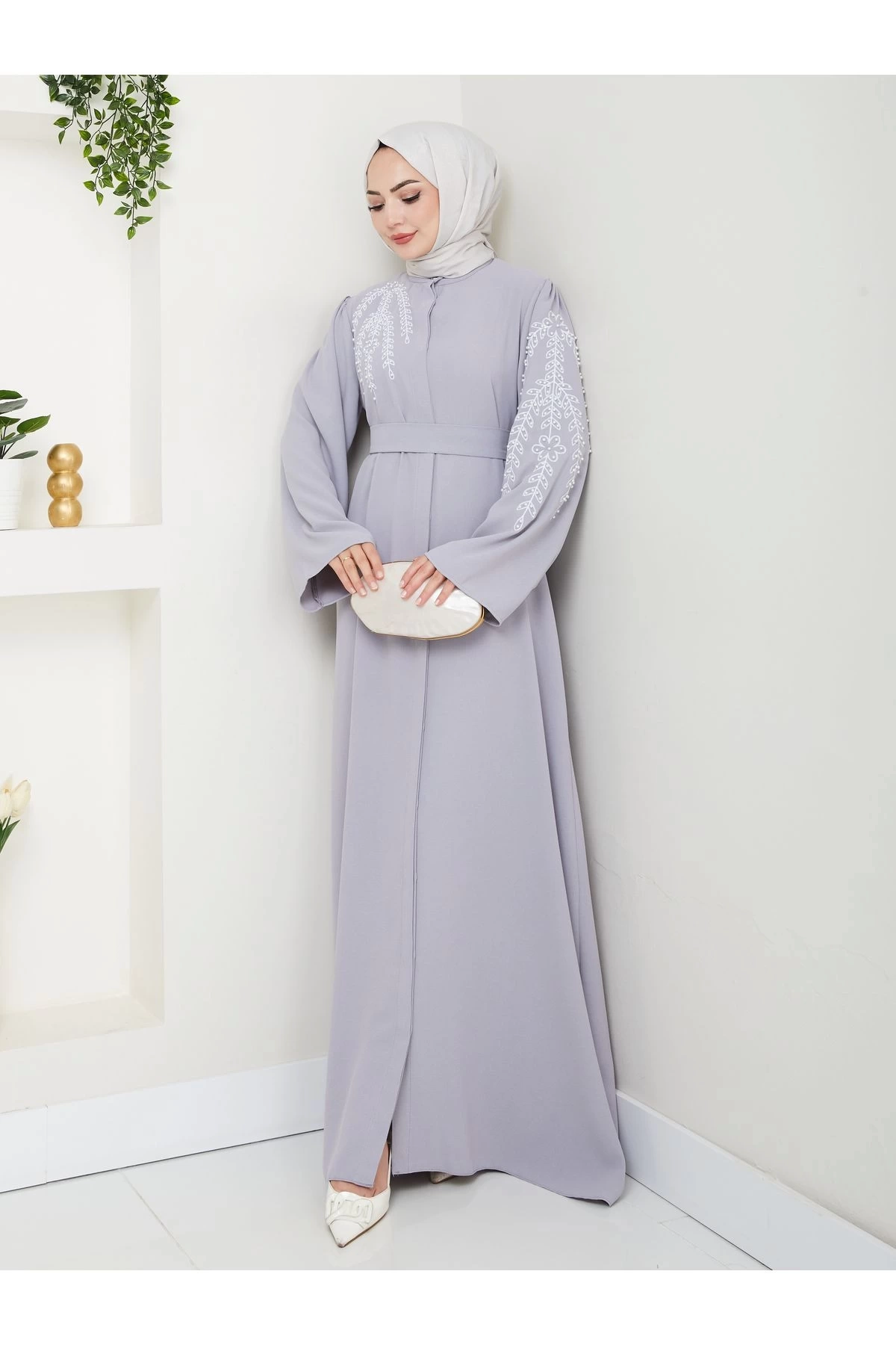TAŞLİ ABAYA TESETTÜR GIYIM KADIN FERACE ELBISE GRİ