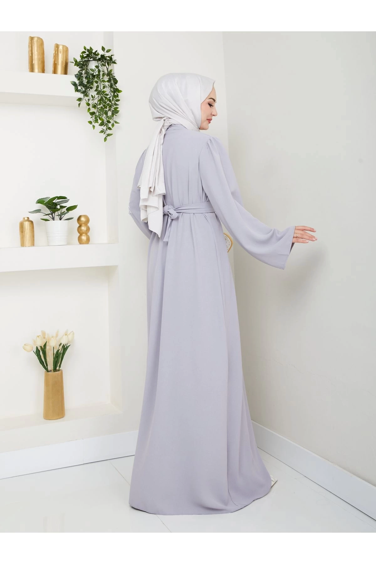 TAŞLİ ABAYA TESETTÜR GIYIM KADIN FERACE ELBISE GRİ