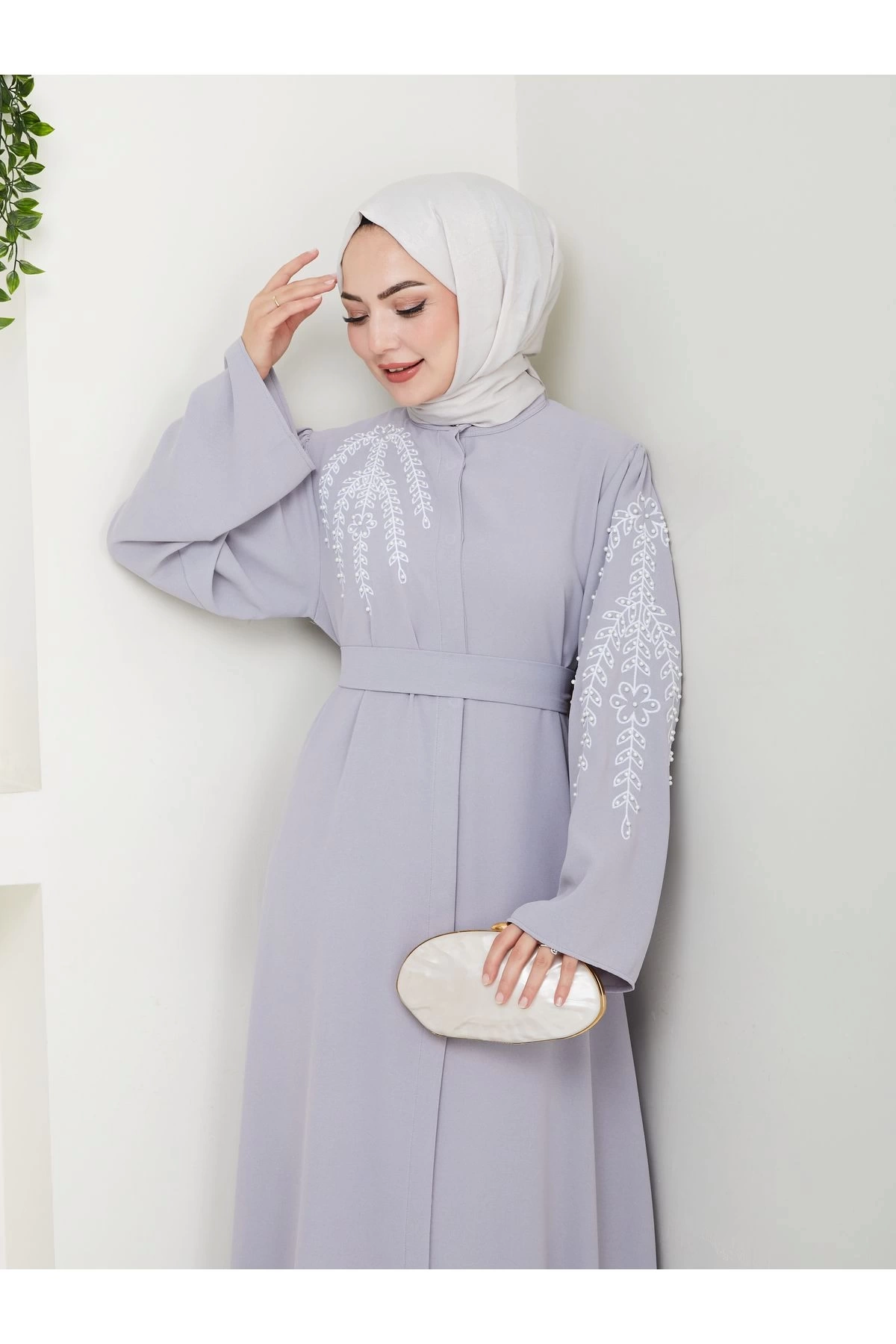TAŞLİ ABAYA TESETTÜR GIYIM KADIN FERACE ELBISE GRİ