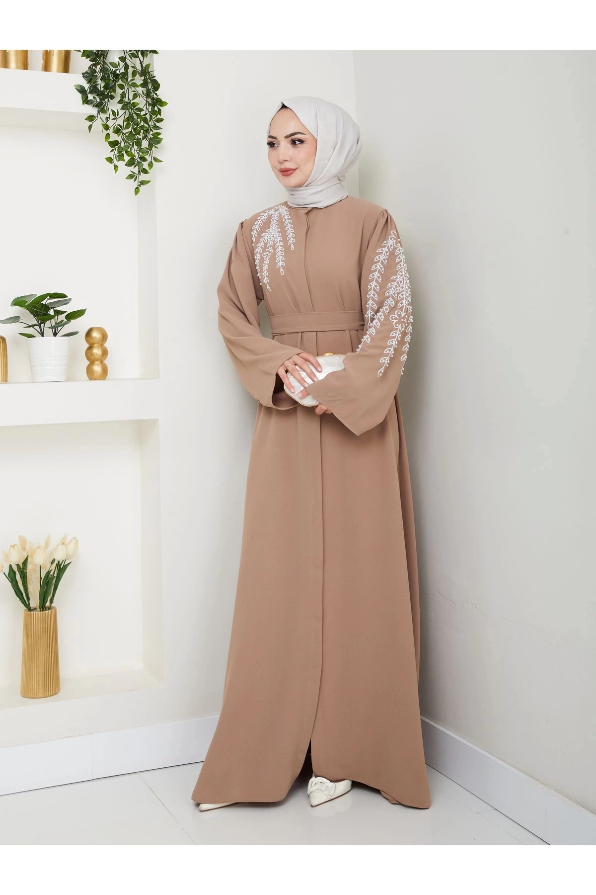 TAŞLİ ABAYA TESETTÜR GIYIM KADIN FERACE ELBISE BEJ