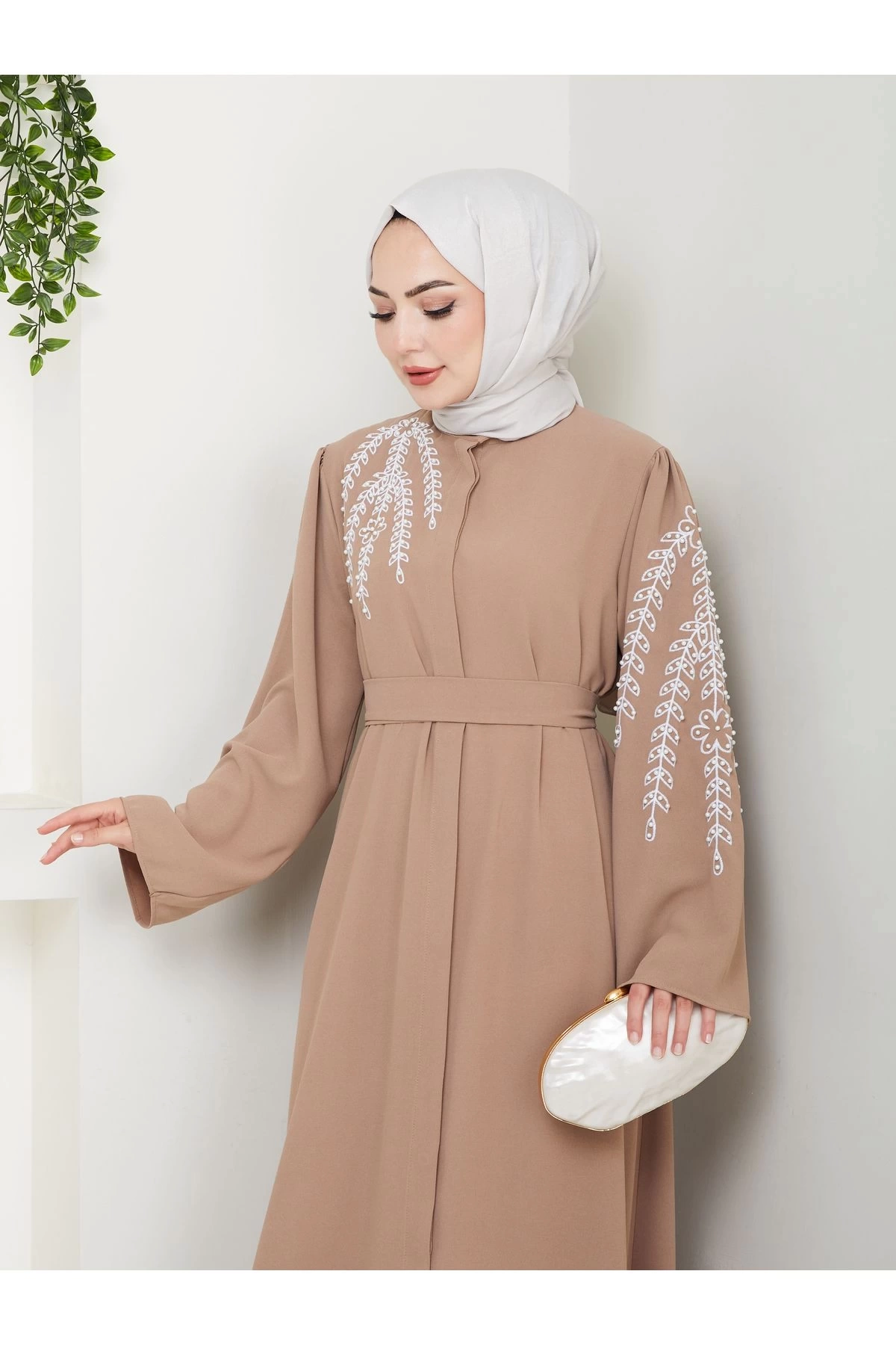 TAŞLİ ABAYA TESETTÜR GIYIM KADIN FERACE ELBISE BEJ