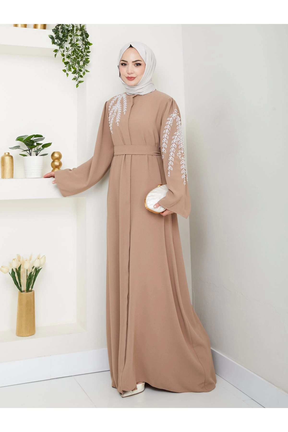 TAŞLİ ABAYA TESETTÜR GIYIM KADIN FERACE ELBISE BEJ
