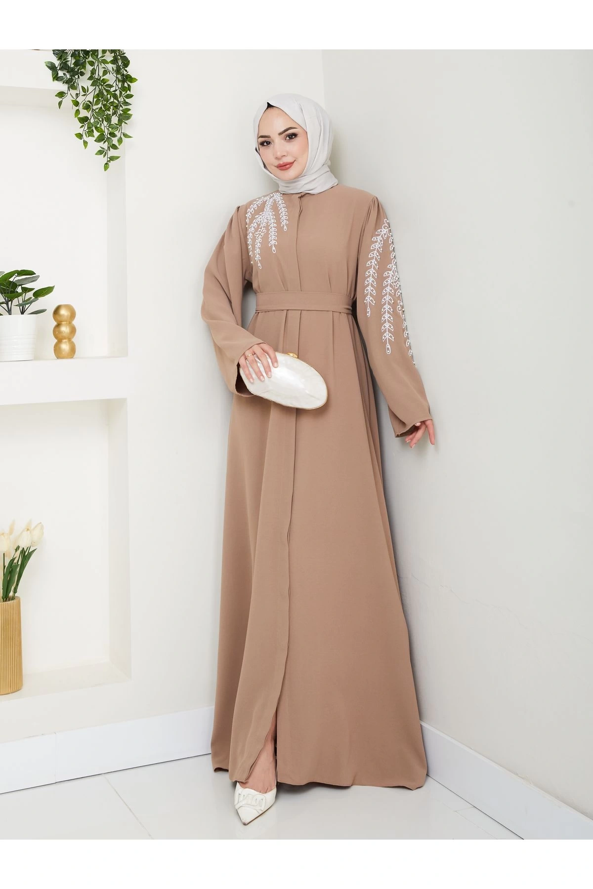 TAŞLİ ABAYA TESETTÜR GIYIM KADIN FERACE ELBISE BEJ