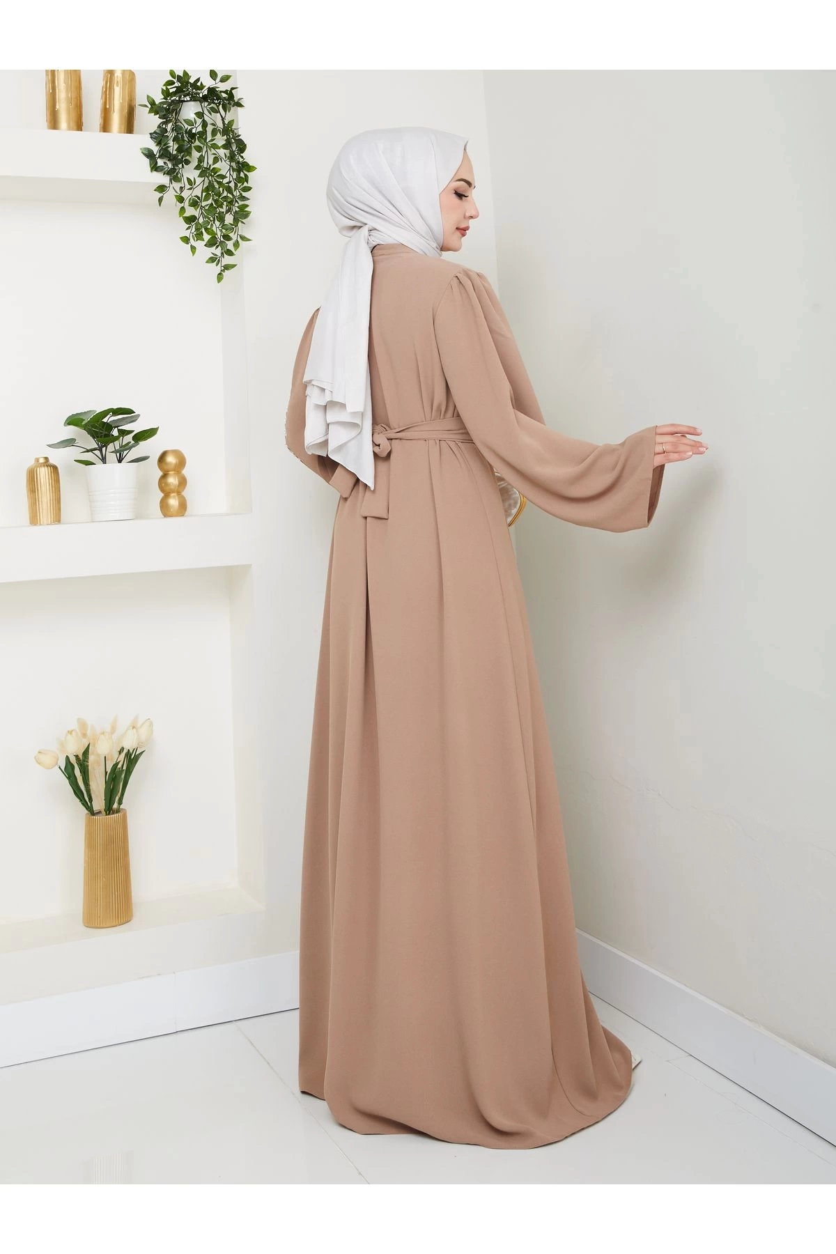 TAŞLİ ABAYA TESETTÜR GIYIM KADIN FERACE ELBISE BEJ