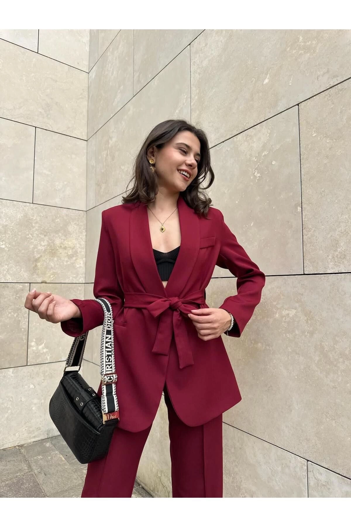KADIN KUŞAKLI BLAZER CEKET PANTOLON TAKIM ASTARLİ