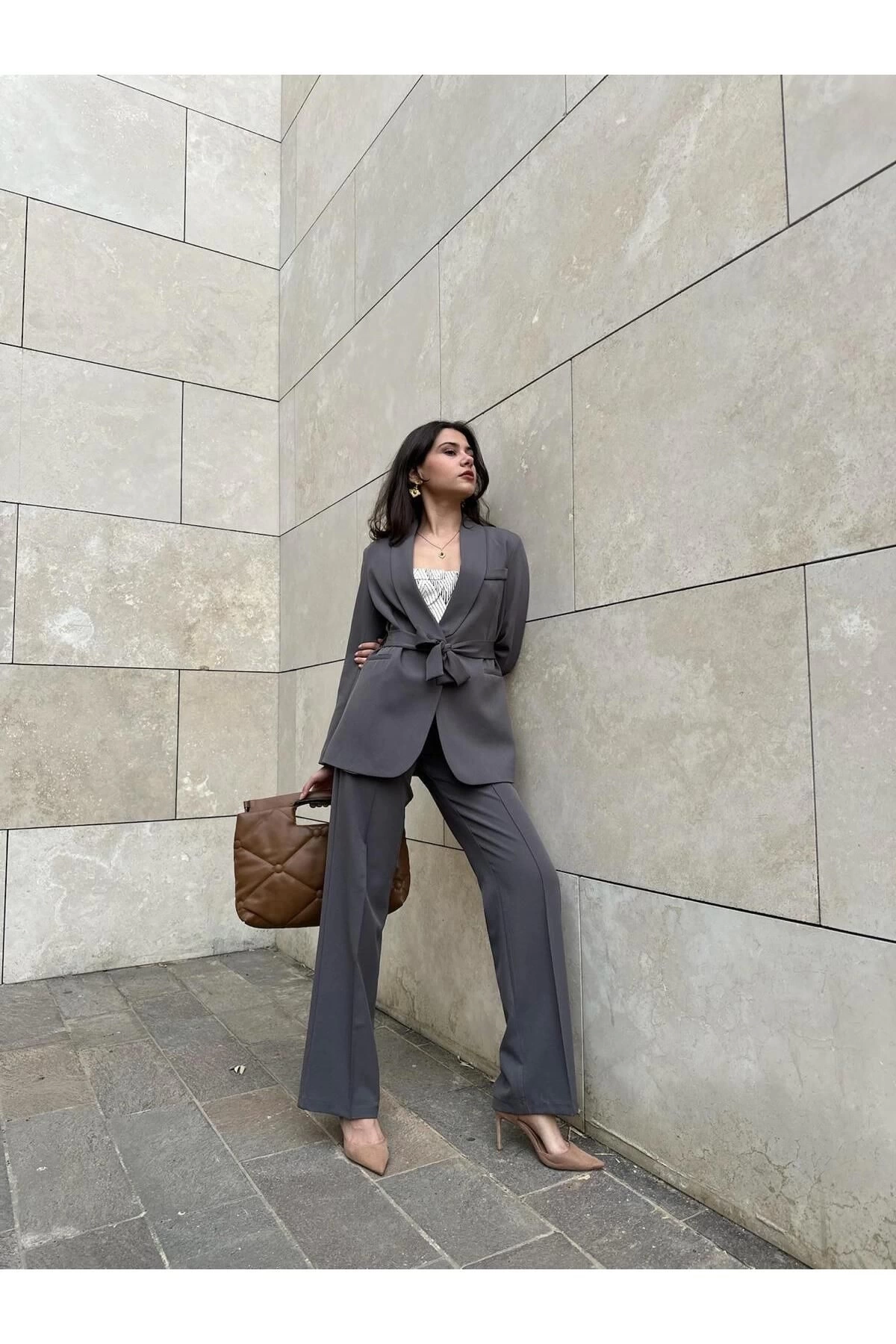 KADIN KUŞAKLI BLAZER CEKET PANTOLON TAKIM ASTARLİ