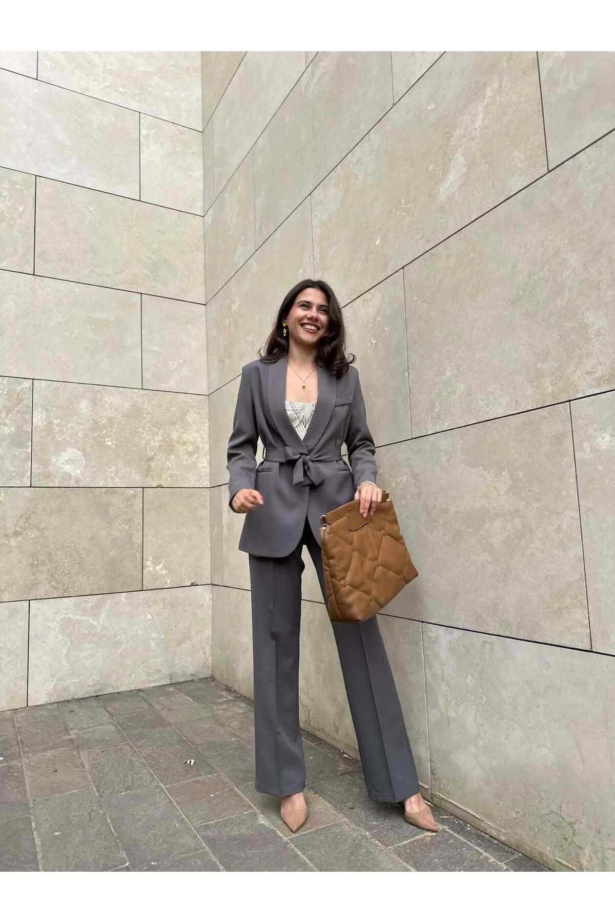 KADIN KUŞAKLI BLAZER CEKET PANTOLON TAKIM ASTARLİ