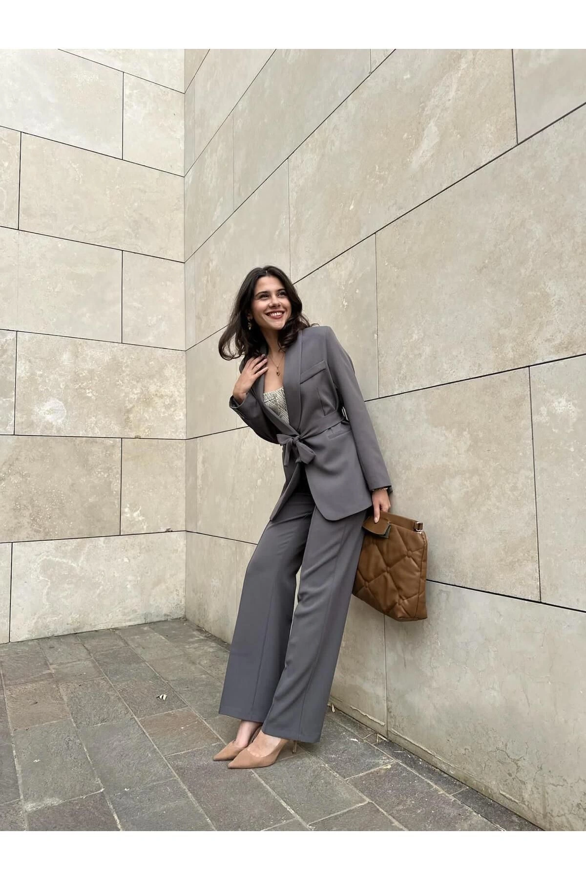 KADIN KUŞAKLI BLAZER CEKET PANTOLON TAKIM ASTARLİ