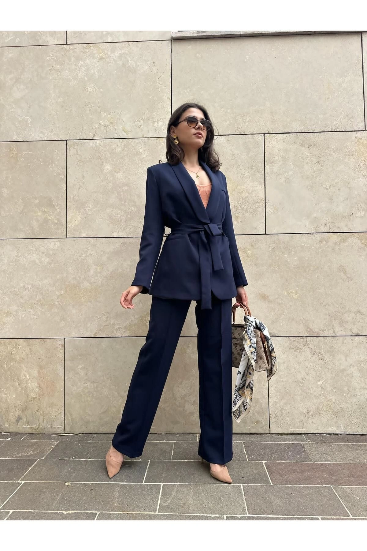 KADIN KUŞAKLI BLAZER CEKET PANTOLON TAKIM ASTARLİ