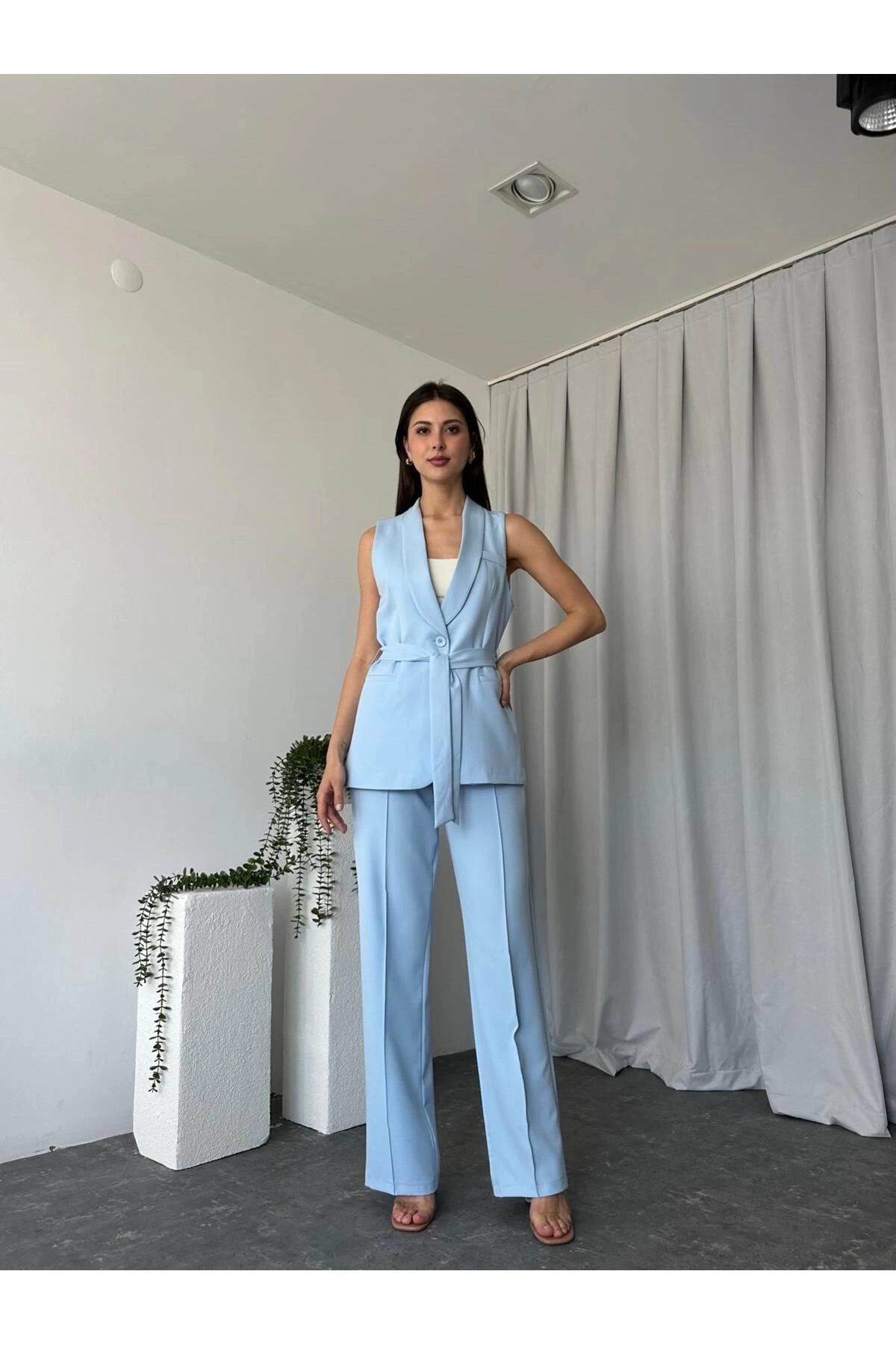 KADIN LEİLA YELEK PANTOLON TAKIM ASTARLİ KUŞAKLI