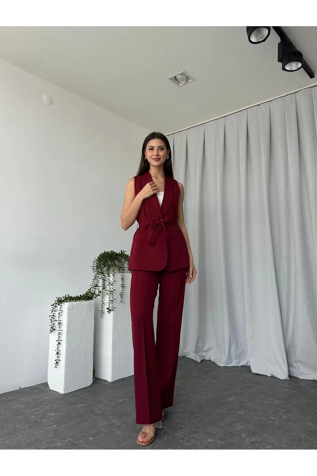 KADIN LEİLA YELEK PANTOLON TAKIM ASTARLİ KUŞAKLI