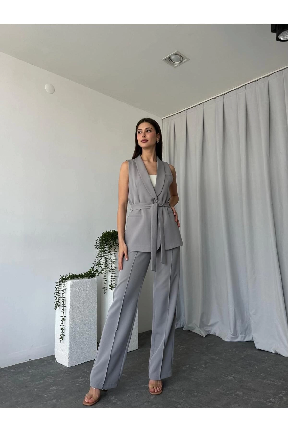 KADIN LEİLA YELEK PANTOLON TAKIM ASTARLİ KUŞAKLI