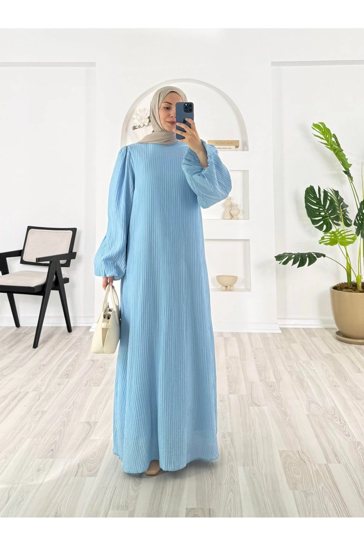 PİLİSELİ VRN POLYESTER KUMAŞ ASTARLI -BALON KOL HAKIM YAKA KEMERLİ ELBİSE
