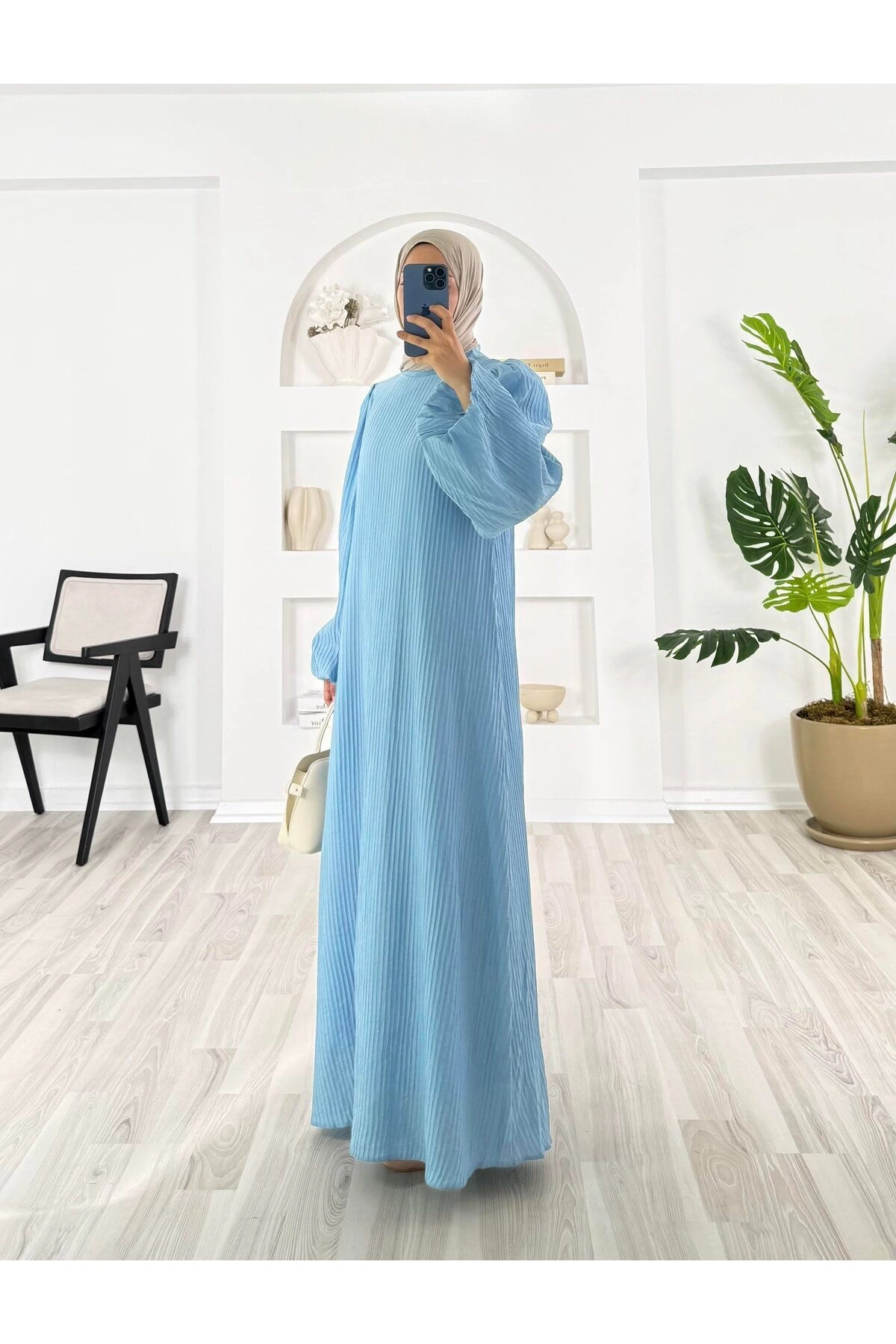 PİLİSELİ VRN POLYESTER KUMAŞ ASTARLI -BALON KOL HAKIM YAKA KEMERLİ ELBİSE