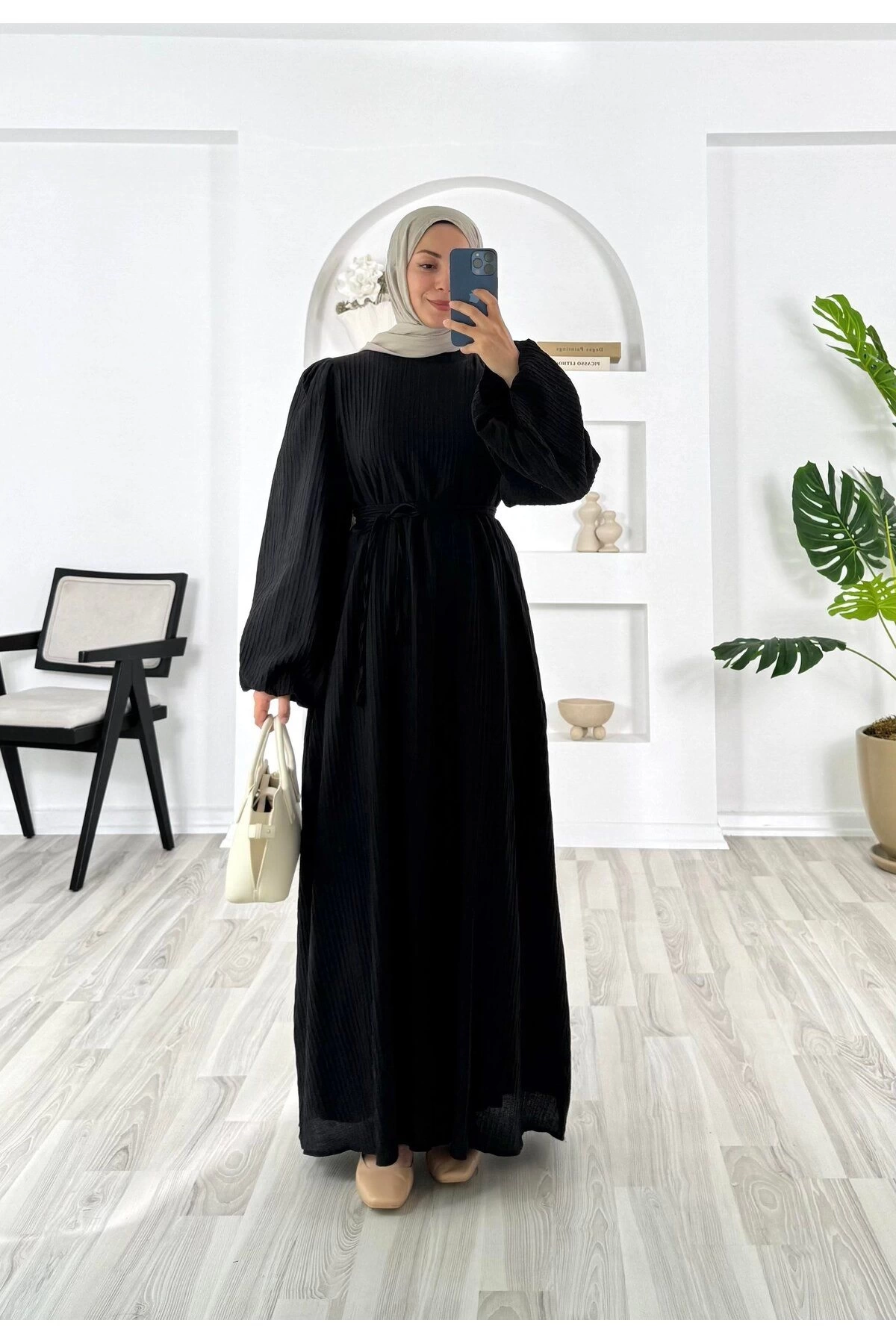 PİLİSELİ VRN POLYESTER KUMAŞ ASTARLI -BALON KOL HAKIM YAKA KEMERLİ ELBİSE