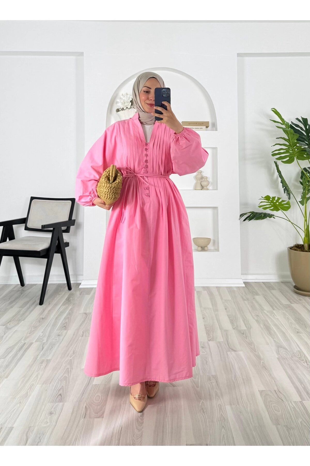 POPLİN KUMAŞ ÖNÜ NERVÜLLÜ BİYELİ ELBİSE PEMBE