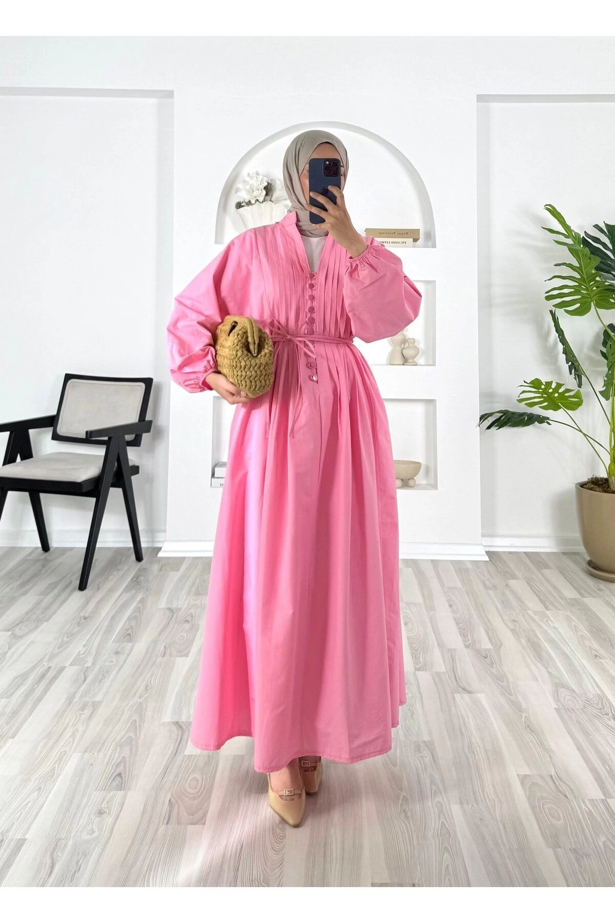 POPLİN KUMAŞ ÖNÜ NERVÜLLÜ BİYELİ ELBİSE PEMBE