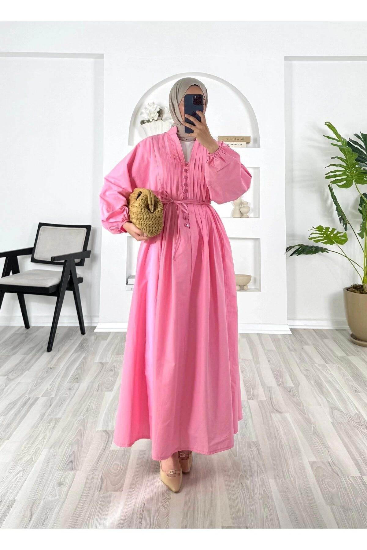 POPLİN KUMAŞ ÖNÜ NERVÜLLÜ BİYELİ ELBİSE PEMBE