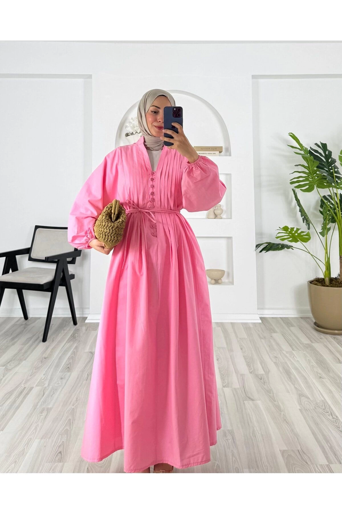 POPLİN KUMAŞ ÖNÜ NERVÜLLÜ BİYELİ ELBİSE PEMBE