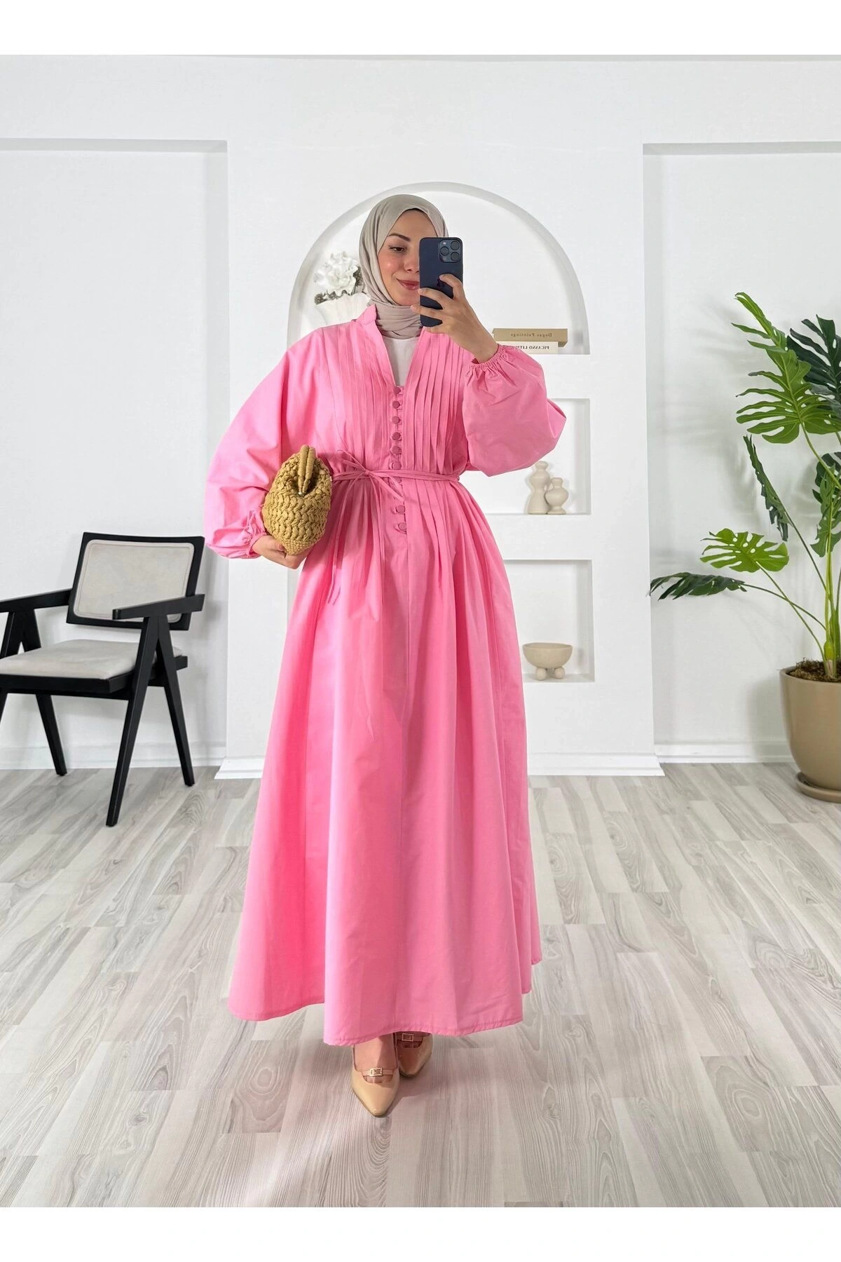 POPLİN KUMAŞ ÖNÜ NERVÜLLÜ BİYELİ ELBİSE PEMBE