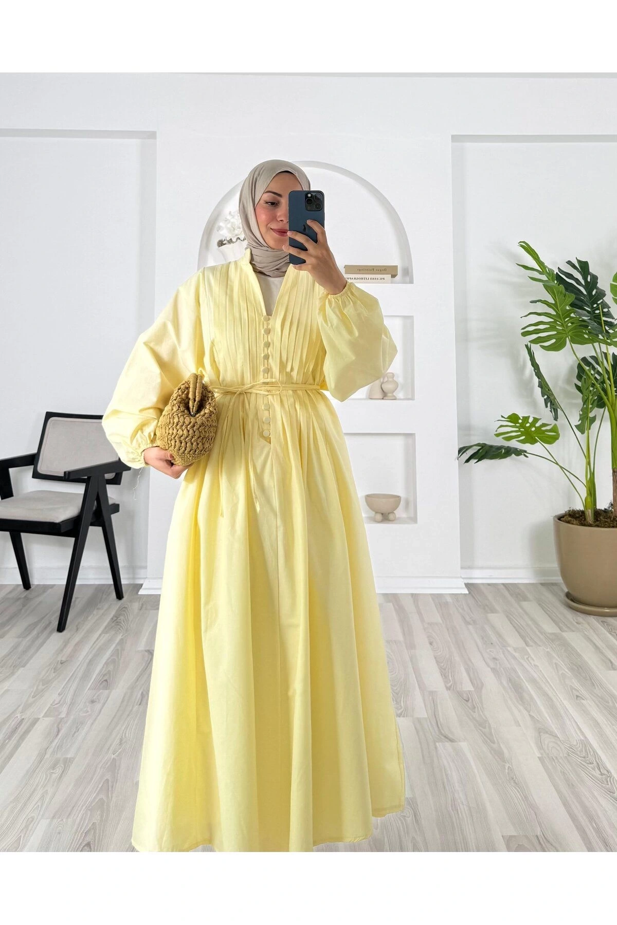 POPLİN KUMAŞ ÖNÜ NERVÜLLÜ BİYELİ ELBİSE SARI
