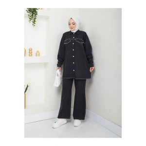 İncili Kapakli Cep Siyah Kot Tesettür Takım 778