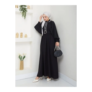 KADIN TESETTÜR BALON KOL DANTEL DETAYLI KEMERLİ ELBİSE SİYAH 2320