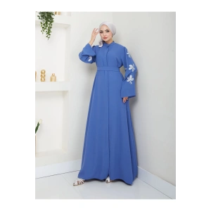 KELEBEK BASKI ABAYA TESETTÜR GIYIM KADIN FERACE ELBISE MAVİ